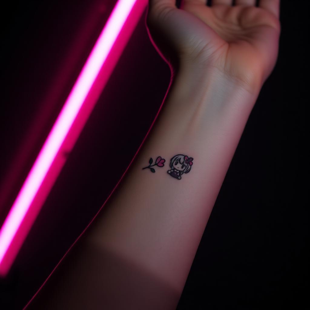 Kawaii character forearm tattoo