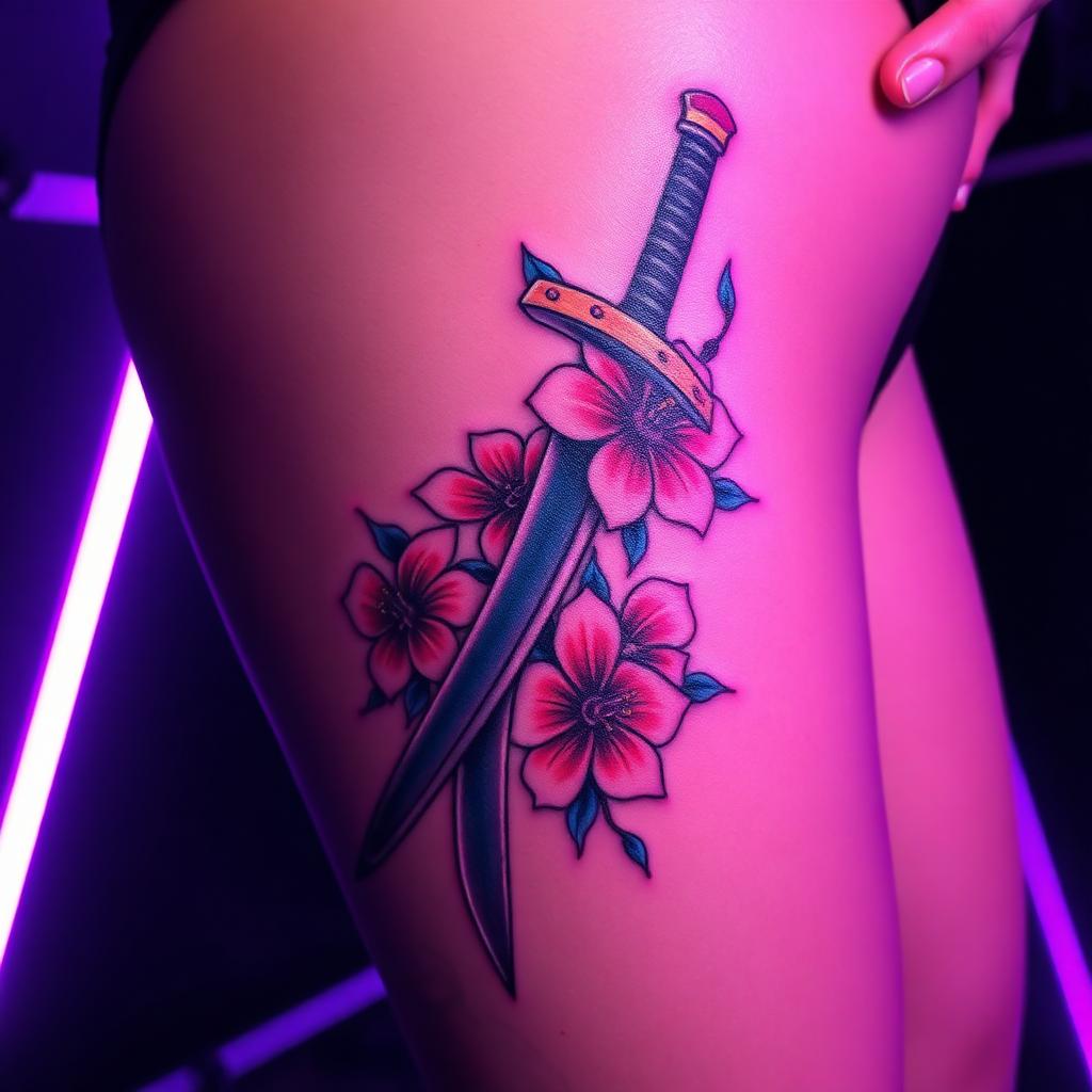 Sword and sakura thigh tattoo
